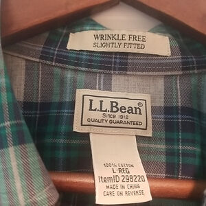 LL Bean Mens Button Front Plaid Shirt L 100% Cotton Wrinkle Free Slightly Fitted